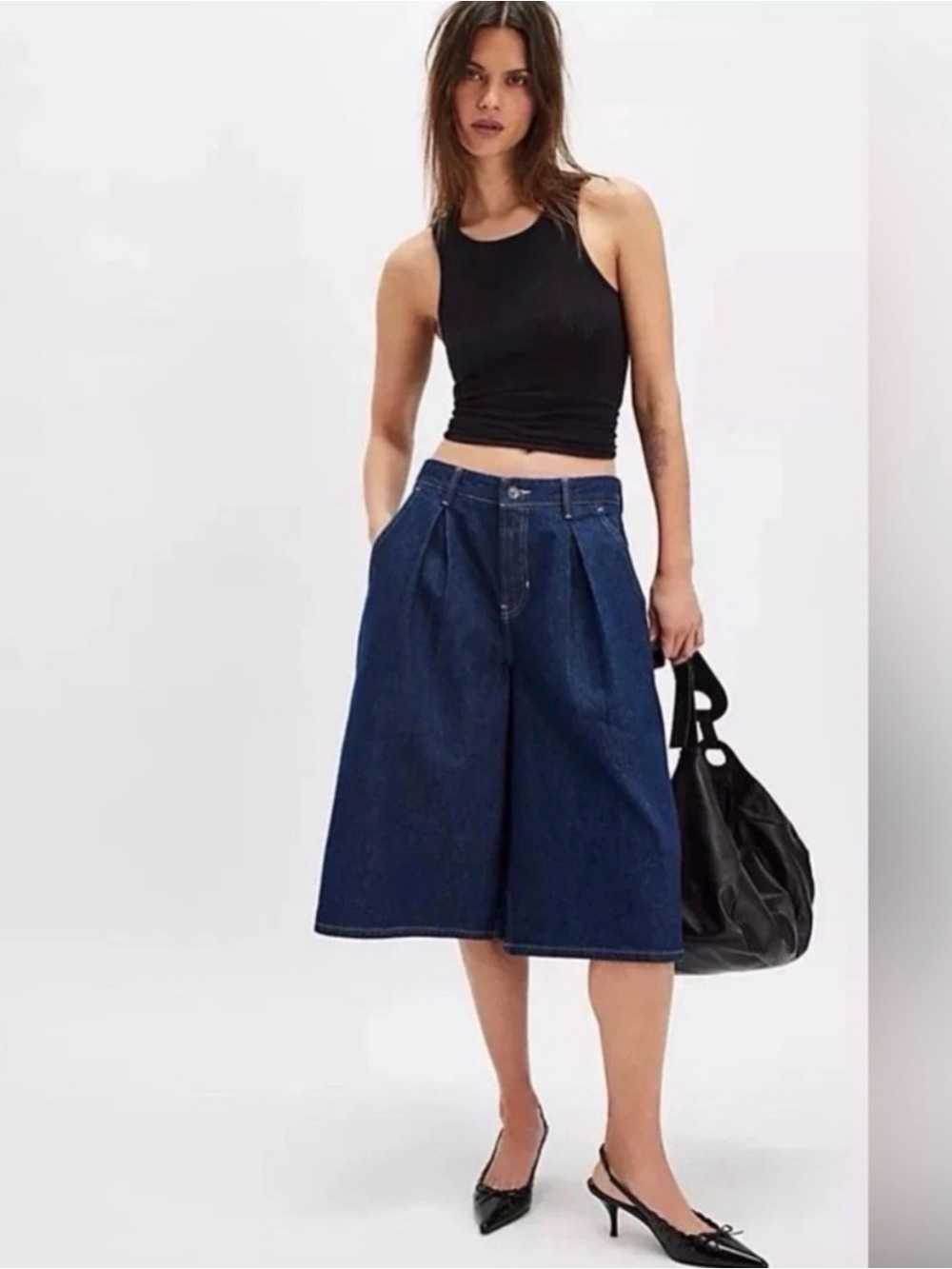 We The Free Dark Blue Denim Midi Culotte Skirt